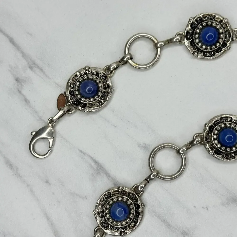 Vintage Blue Cabochon Silver Chain Belt M/L ✨
